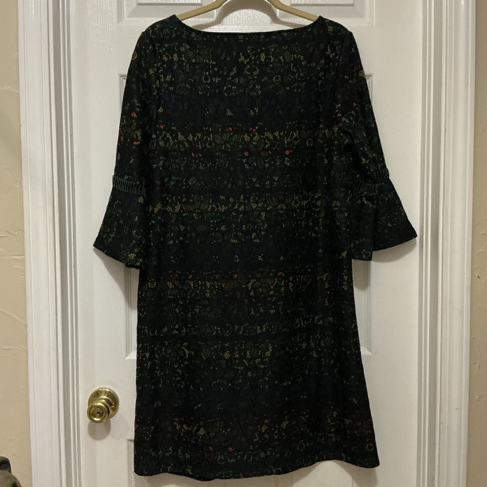 Molly Bracken Women Dress XL Black Lace Over Print 3/4 Bell Sleeves BOHO - Picture 3 of 7